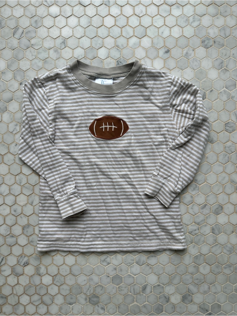Little English Beige & White Striped Long-Sleeve Tee with Football Patch